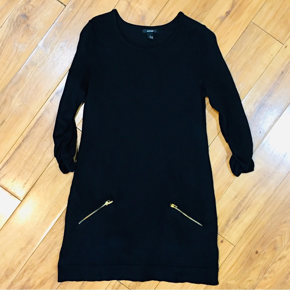 Sweater knit mini dress black gold zipper preppy workwear date night work